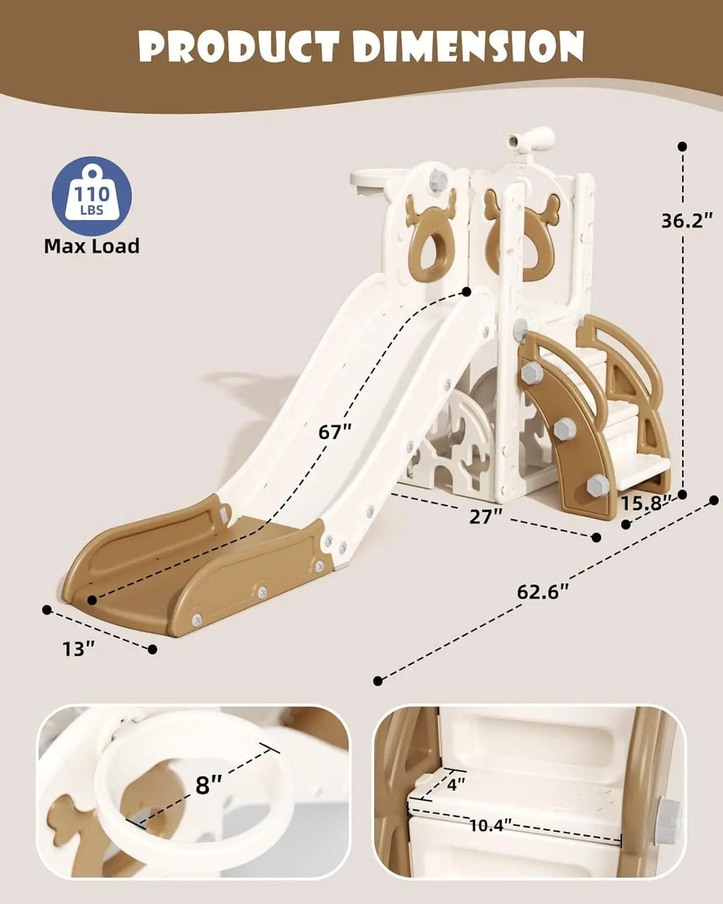 Children's playground slide with dimensions and max load capacity