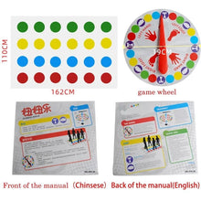 Twister Party Game spinner with instructions and size guide for setting up indoor and outdoor family activities.