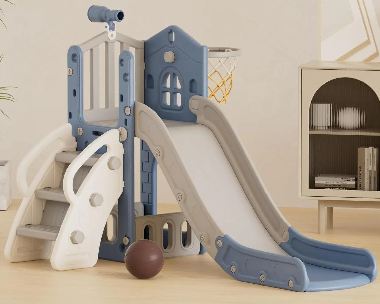 Children's playset with slide and climbing structure on a light wooden floor.