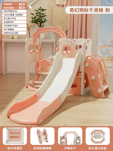 Children's slide with climbing wall and swing set in a room setting