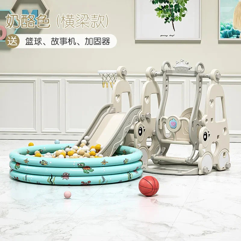 Children's playground equipment including a slide, swing set, and inflatable pool on a light-colored floor.