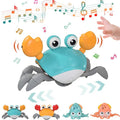 Induction escape crab musical toy responding to hand interaction for interactive toddler play.
