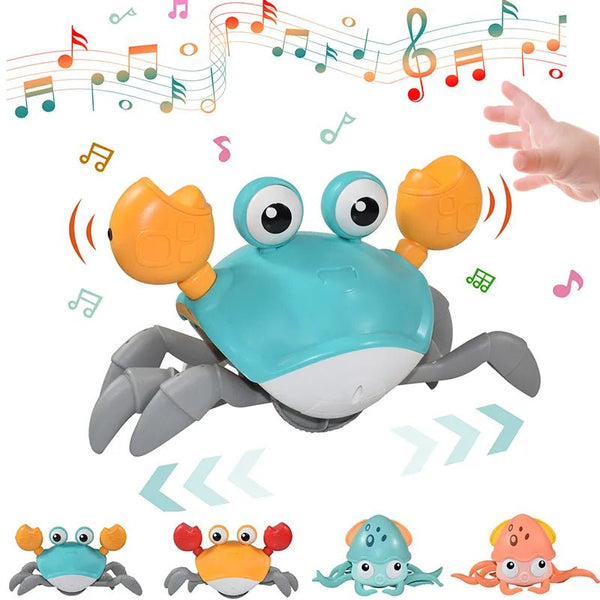 Induction escape crab musical toy responding to hand interaction for interactive toddler play.