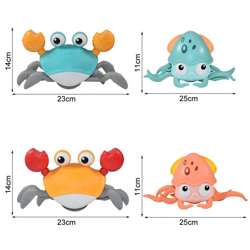 Induction escape crab and octopus toys shown with size measurements for parents comparing options.