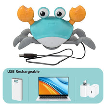 Induction escape crab toy with USB rechargeable cable for easy recharging between play sessions.