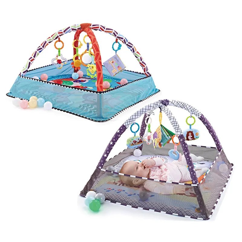 Baby play mat with colorful toys and a baby lying on it