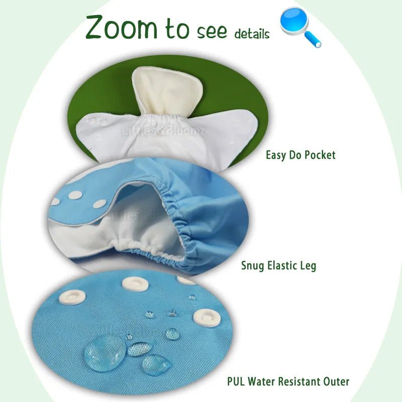 Illustration of a blue and white baby diaper with features highlighted.