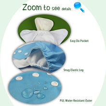 Illustration of a blue and white baby diaper with features highlighted.