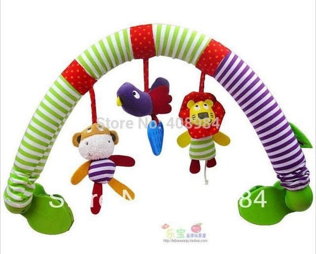 Infant arch toy with hanging animal plush pieces for stroller and car seat use.