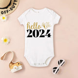 White baby onesie with 'hello 2024' text 