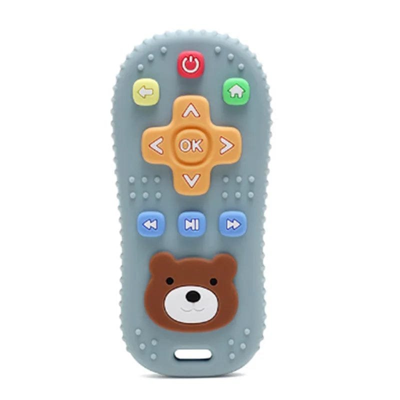 Infant bear remote teether toy for teething-stage support, gum relief, and soothing playtime.