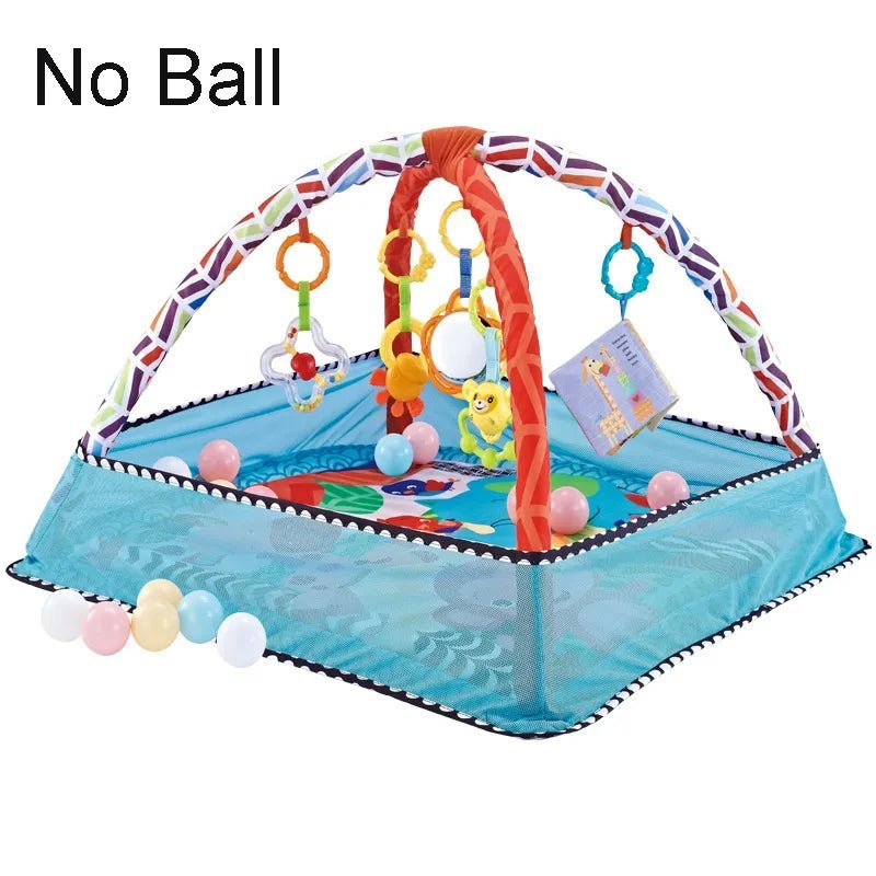 Colorful baby play gym with hanging toys and a ball pit.