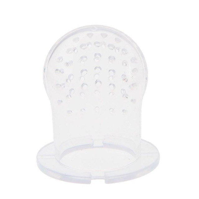 Clear silicone teether with textured surface.