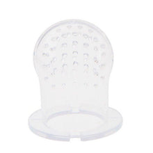 Clear silicone teether with textured surface.