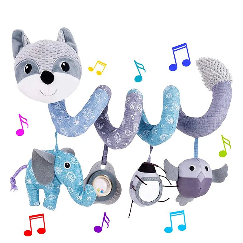 Infant fox spiral plush car seat toy with musical stroller mobile for newborn sensory play.