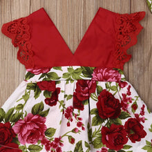 Red lace top and floral skirt princess outfit for infant summer wear and family celebrations.