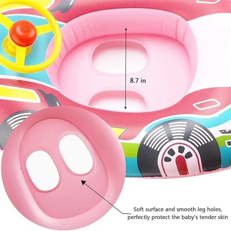Infant inflatable pool float ring seat shown with measurements for sizing reference.