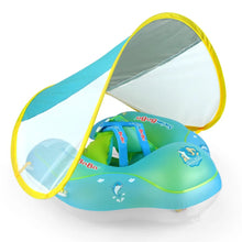 Infant inflatable swim float with canopy for sun-safe pool play and water outings.