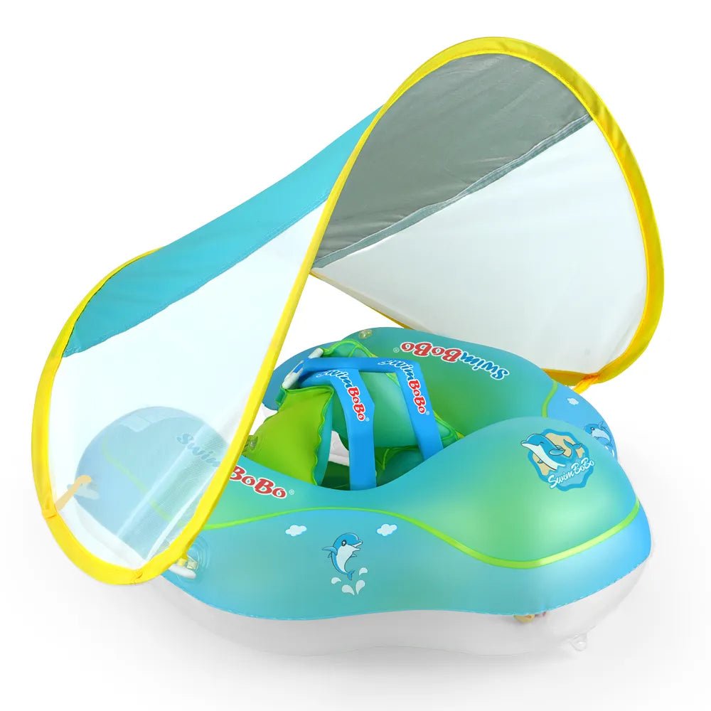 Infant inflatable swim float with canopy for sun-safe pool play and water outings.