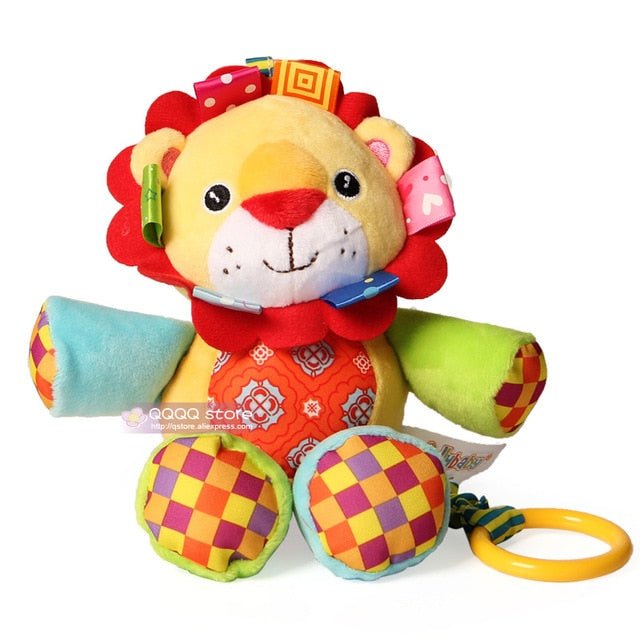Colorful lion-shaped baby toy with various textures and a rattle