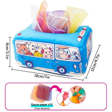 Blue cartoon bus-shaped tissue box with colorful tissues inside, dimensions shown.
