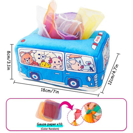 Blue cartoon bus-shaped tissue box with colorful tissues inside, dimensions shown.