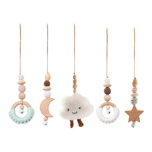 Cloud, moon, and star hanging toy set for the wooden baby play gym to spark visual tracking and reaching.