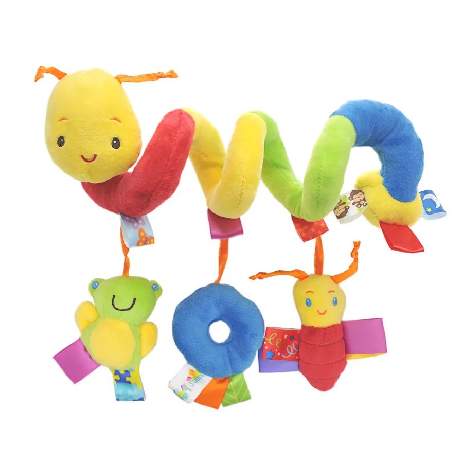 Colorful plush toy with characters and letters.