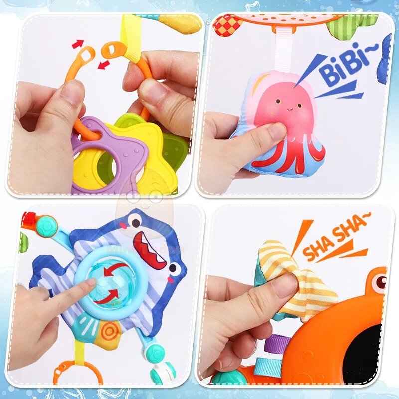 Colorful baby teething board with various textures and designs, featuring the brand 'BiBi'.