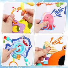 Colorful baby teething board with various textures and designs, featuring the brand 'BiBi'.