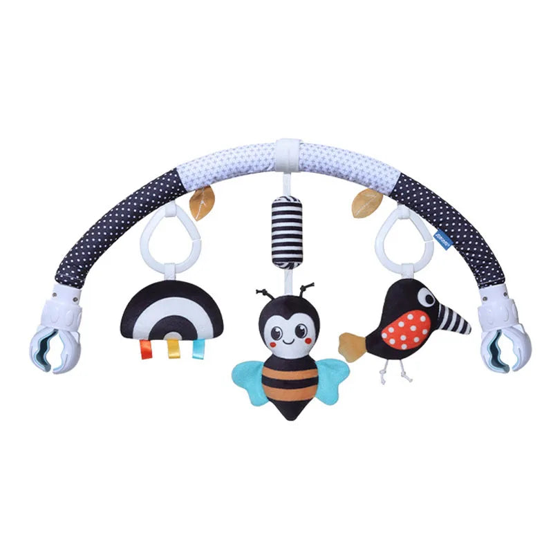 Infant stroller play arch toy with bee and bird design for engaging playtime.