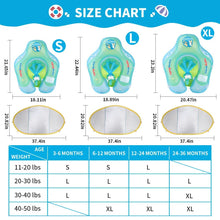 Infant swim float size chart showing dimensions and weight ranges for choosing the right fit.
