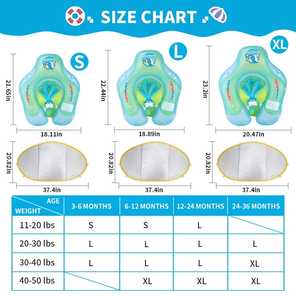 Infant swim float size chart showing dimensions and weight ranges for choosing the right fit.