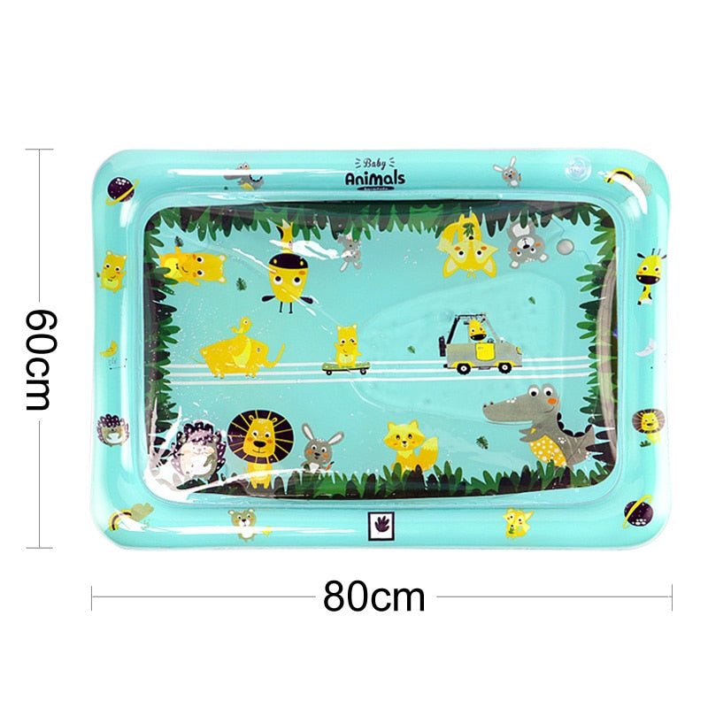 Inflatable water mat with animal illustrations and dimensions.