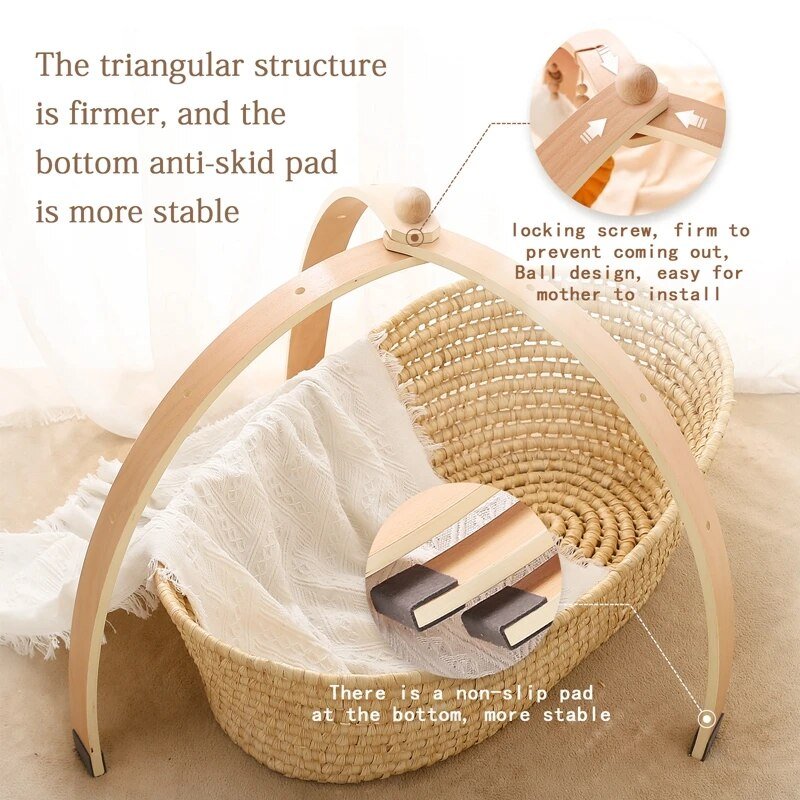 Woven baby basket with wooden support and text highlighting features