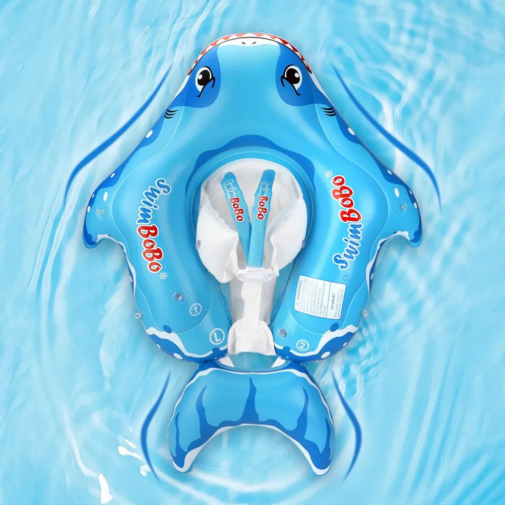 Inflatable baby pool float ring accessory shown in blue water for summer swimming fun.