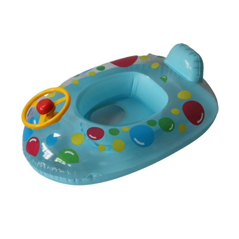 Inflatable baby ring seat with polka dot design and steering wheel for water activities.