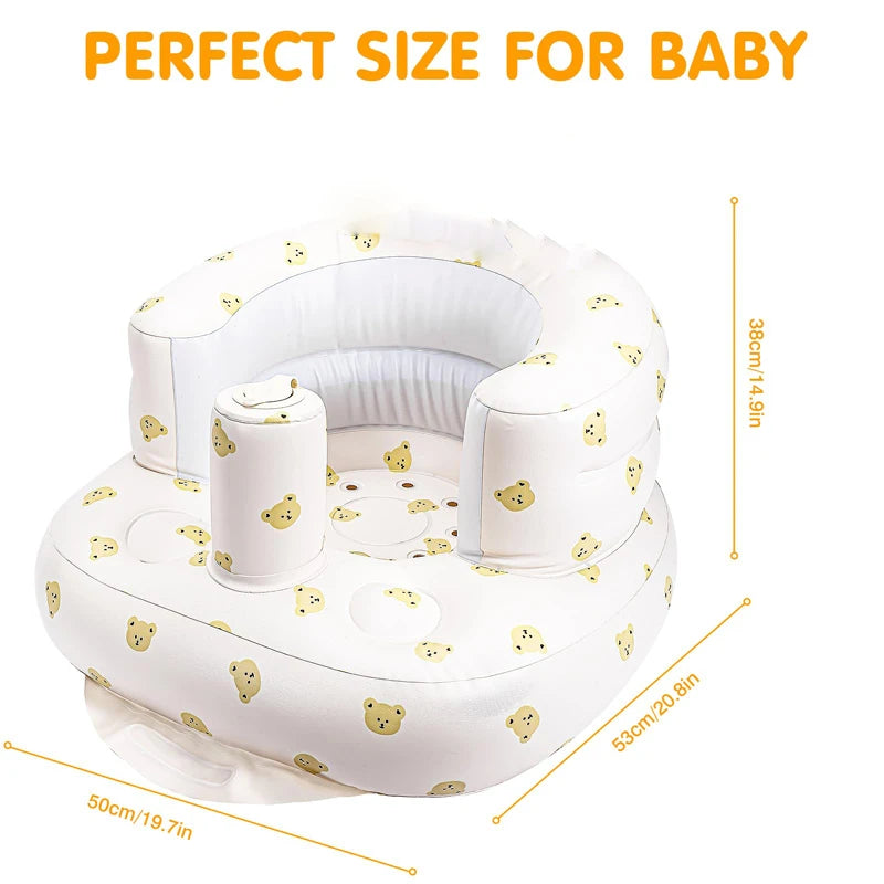 Inflatable baby seat with teddy bear pattern shown with measurements for sizing reference.