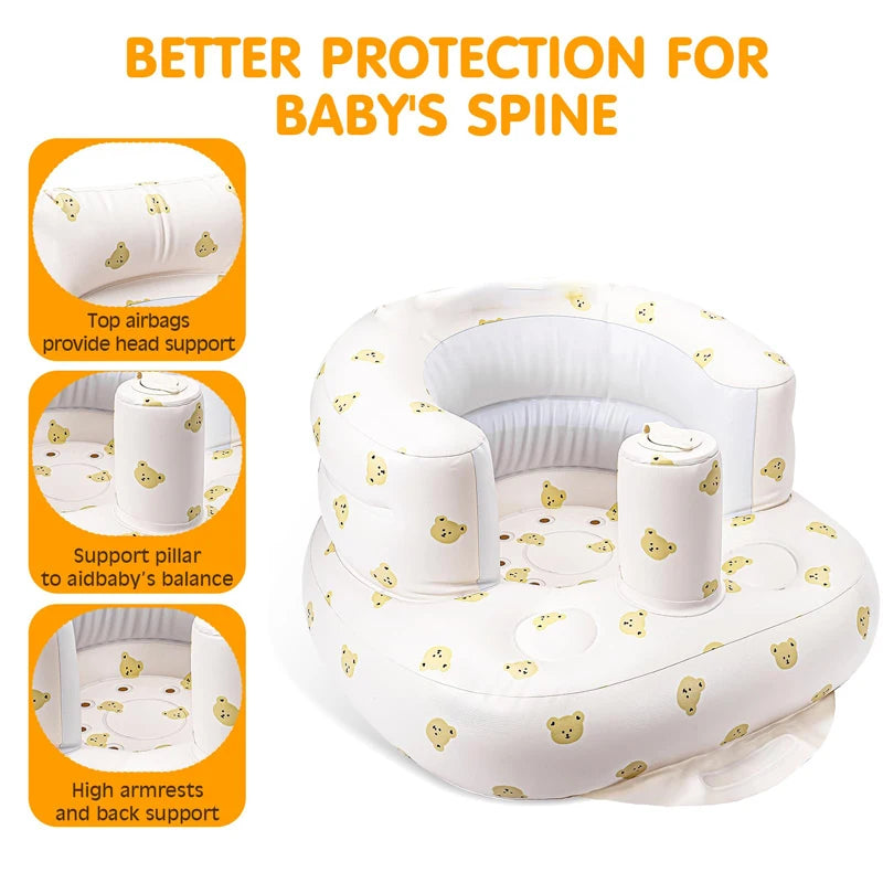 Inflatable baby seat with teddy bear pattern designed for better spine support while sitting.