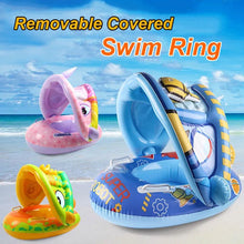 Inflatable Baby Swim Ring set with removable sun shade covers for toddler pool float support during outdoor summer swim sessions.