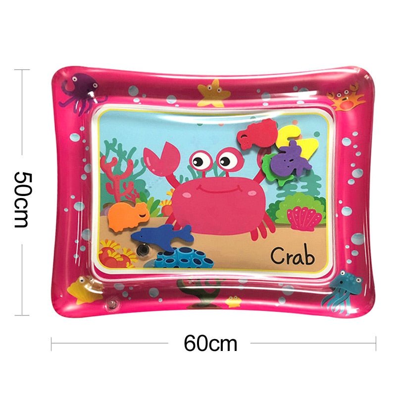 Inflatable play mat with crab design and measurements.
