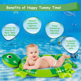 Baby lying on a green inflatable turtle float with text about the benefits of happy tummy time.