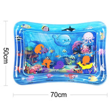 Inflatable water mat with ocean-themed design and dimensions.