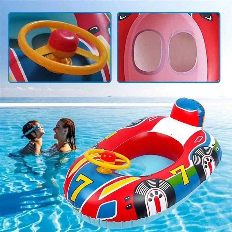Inflatable car-shaped baby swim ring seat with steering wheel and cup holders for pool play.