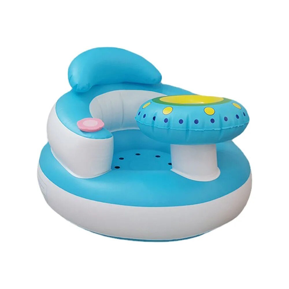 Inflatable PVC Baby Chair Sofa in blue and white shown on a studio background for feeding and resting.