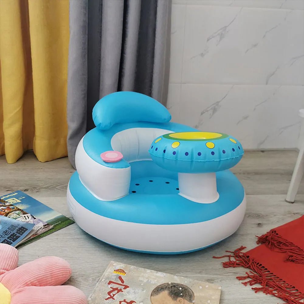 Inflatable PVC Baby Chair Sofa in blue and white on a wooden floor for feeding and resting time.