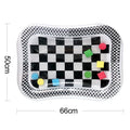Checkered tray with colorful markers and dimensions