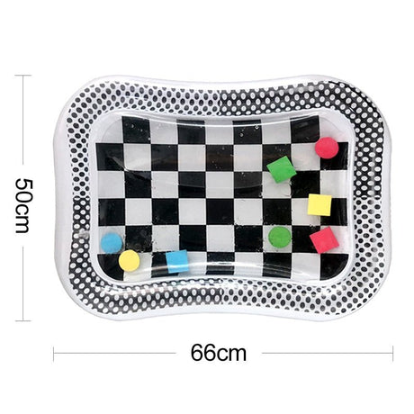 Checkered tray with colorful markers and dimensions