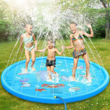 Summer Beach Inflatable Water Spray Pad in blue used by children in a garden for sprinkler play and summer parties.