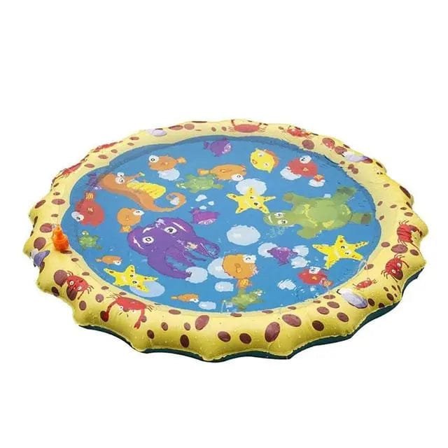 Summer Beach Inflatable Water Spray Pad angled view for easy inflating and setup on lawns and patios.